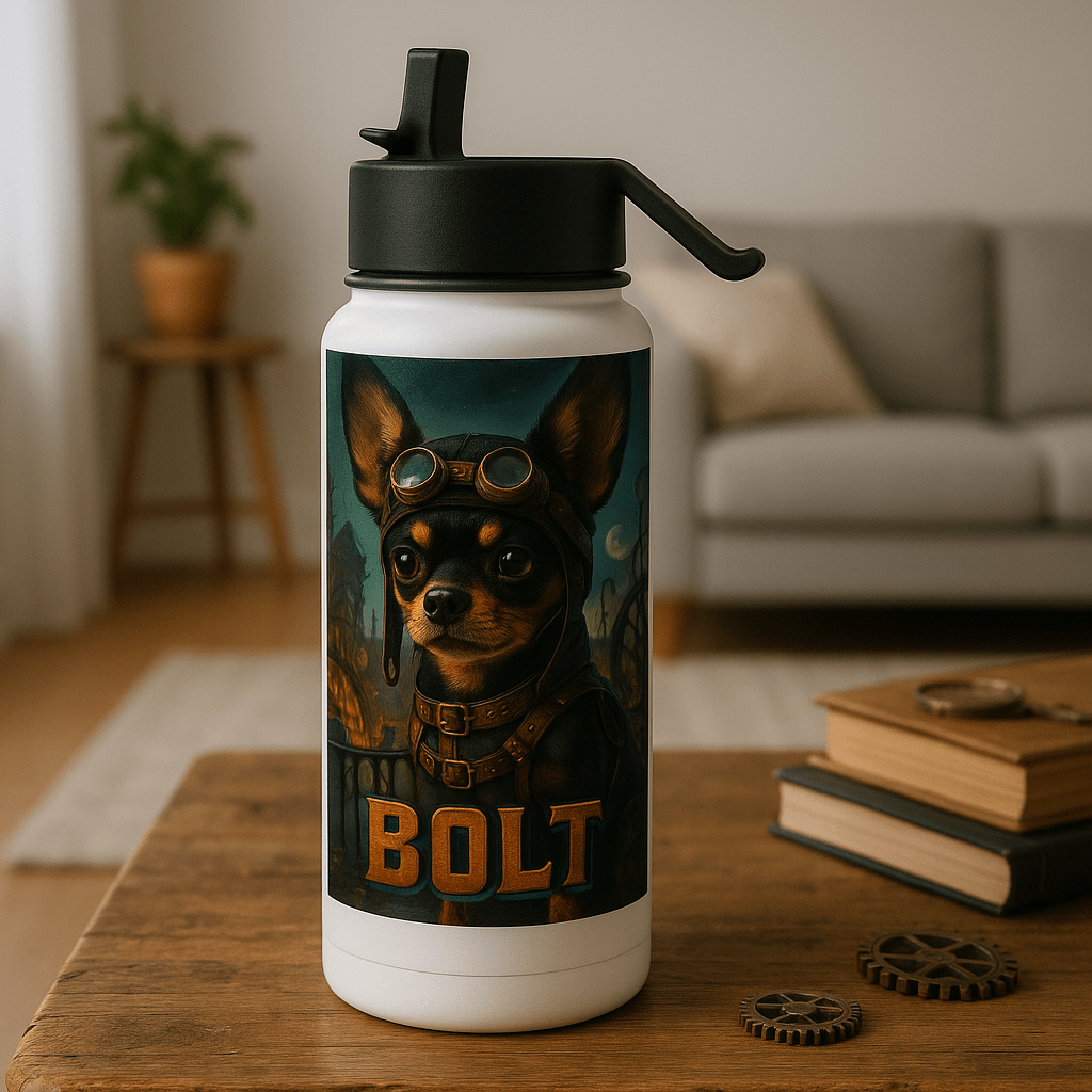 Steampunk Custom Pet Portrait – Water Bottle | Dog & Cat Art