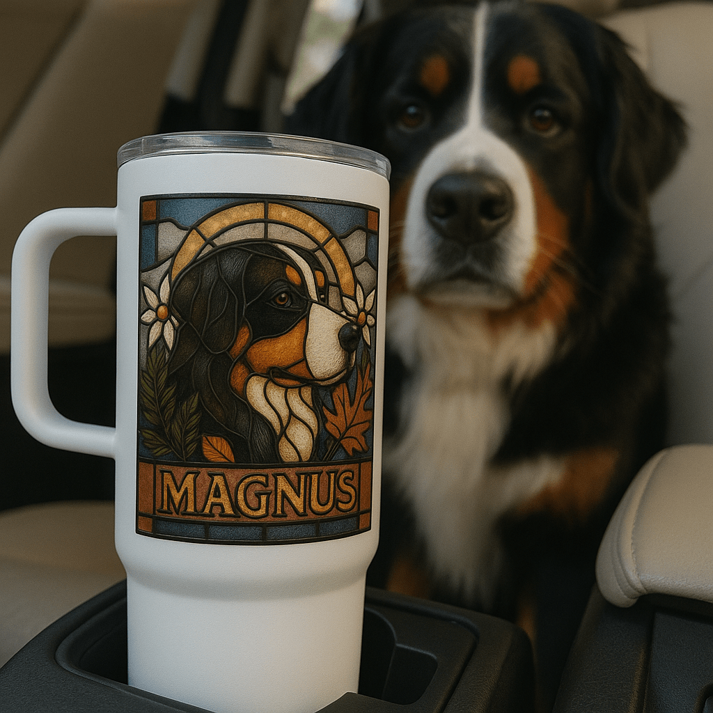 Stained‑Glass Custom Pet Portrait – Travel Mug | Dog & Cat Art