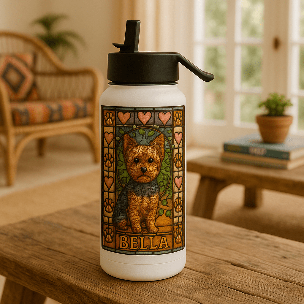 Stained‑Glass Custom Pet Portrait – Water Bottle | Dog & Cat Art