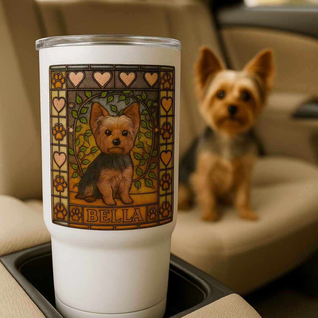 Stained‑Glass Custom Pet Portrait – Travel Mug | Dog & Cat Art