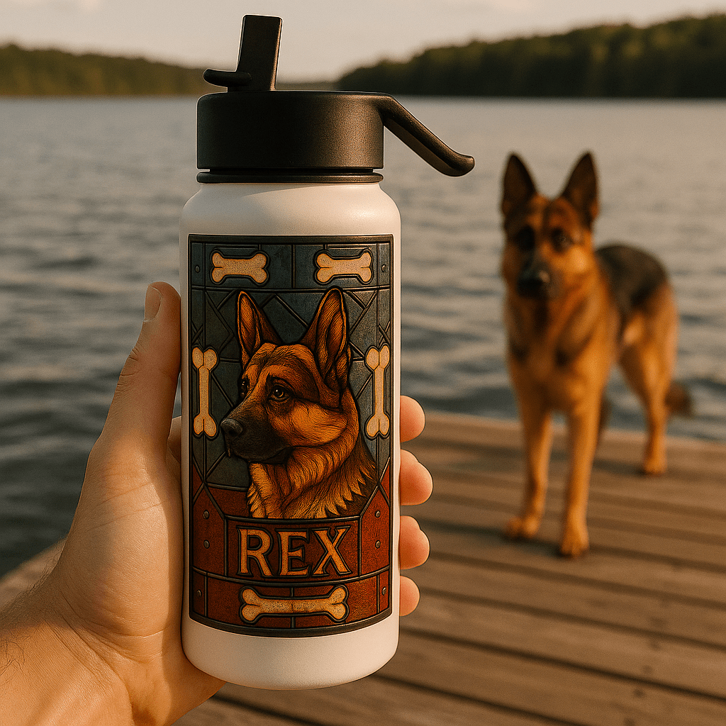 Stained‑Glass Custom Pet Portrait – Water Bottle | Dog & Cat Art