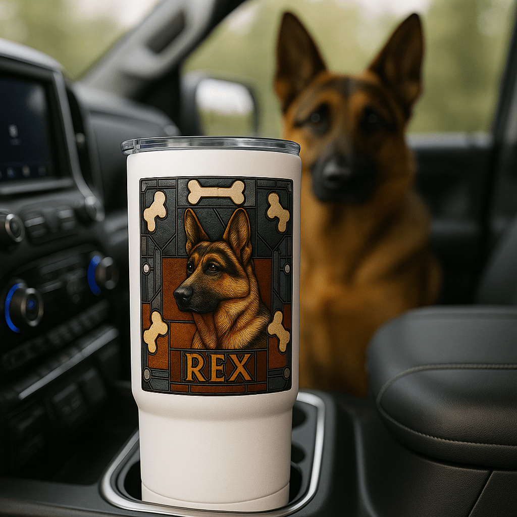 Stained‑Glass Custom Pet Portrait – Travel Mug | Dog & Cat Art