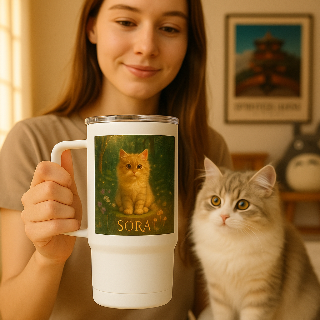 Ghibli‑Style Custom Pet Portrait – Travel Mug | Dog & Cat Art