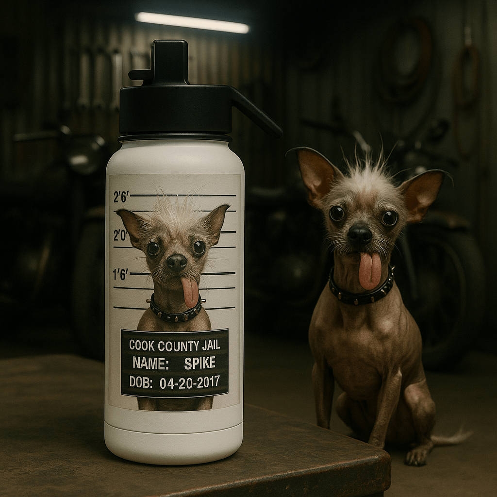 Mug‑Shot Custom Pet Portrait – Water Bottle | Dog & Cat Art