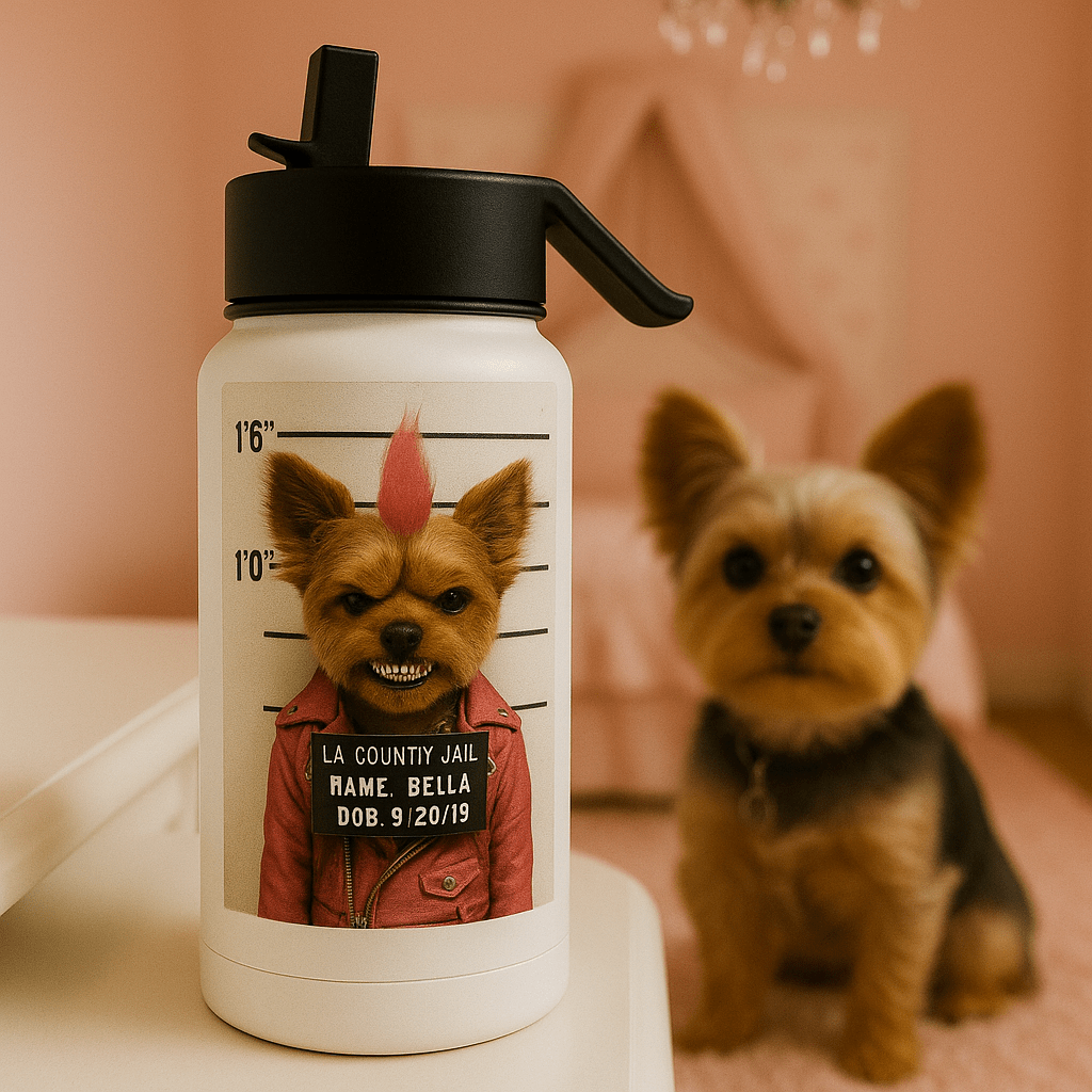 Mug‑Shot Custom Pet Portrait – Water Bottle | Dog & Cat Art