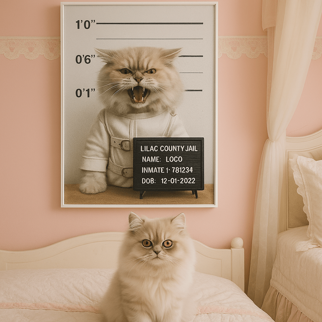 Mug‑Shot Custom Pet Portrait – Framed Poster | Dog & Cat Art