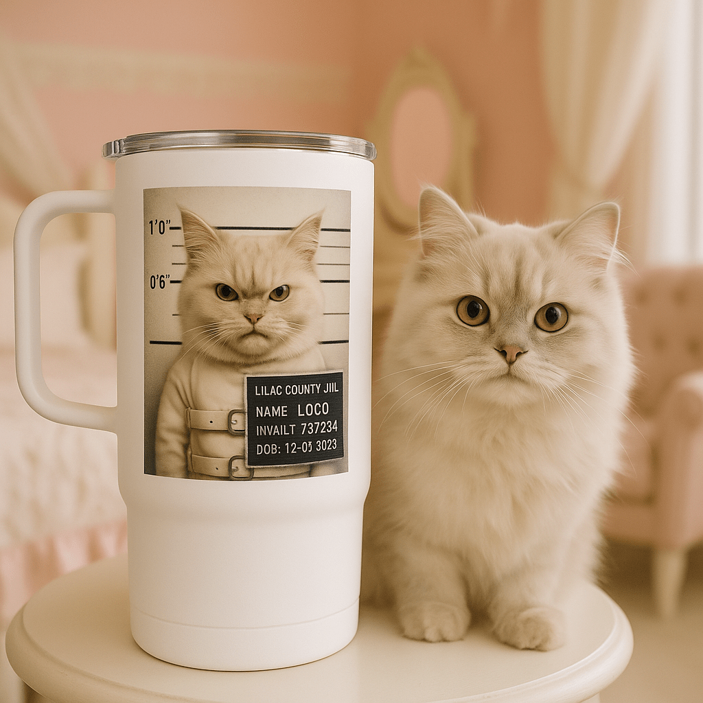 Mug‑Shot Custom Pet Portrait – Travel Mug | Dog & Cat Art