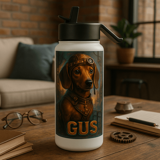 Steampunk Custom Pet Portrait – Water Bottle | Dog & Cat Art