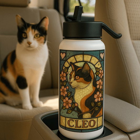 Stained‑Glass Custom Pet Portrait – Water Bottle | Dog & Cat Art