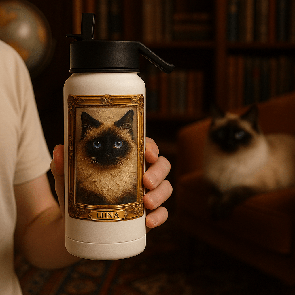 Digital Oil‑Impasto Pet Portrait – Water Bottle | Dog & Cat Art