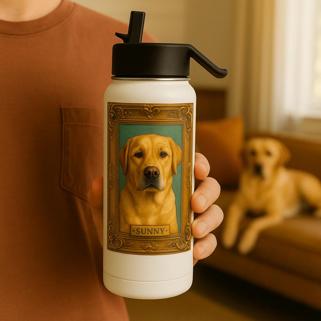 Digital Oil‑Impasto Pet Portrait – Water Bottle | Dog & Cat Art