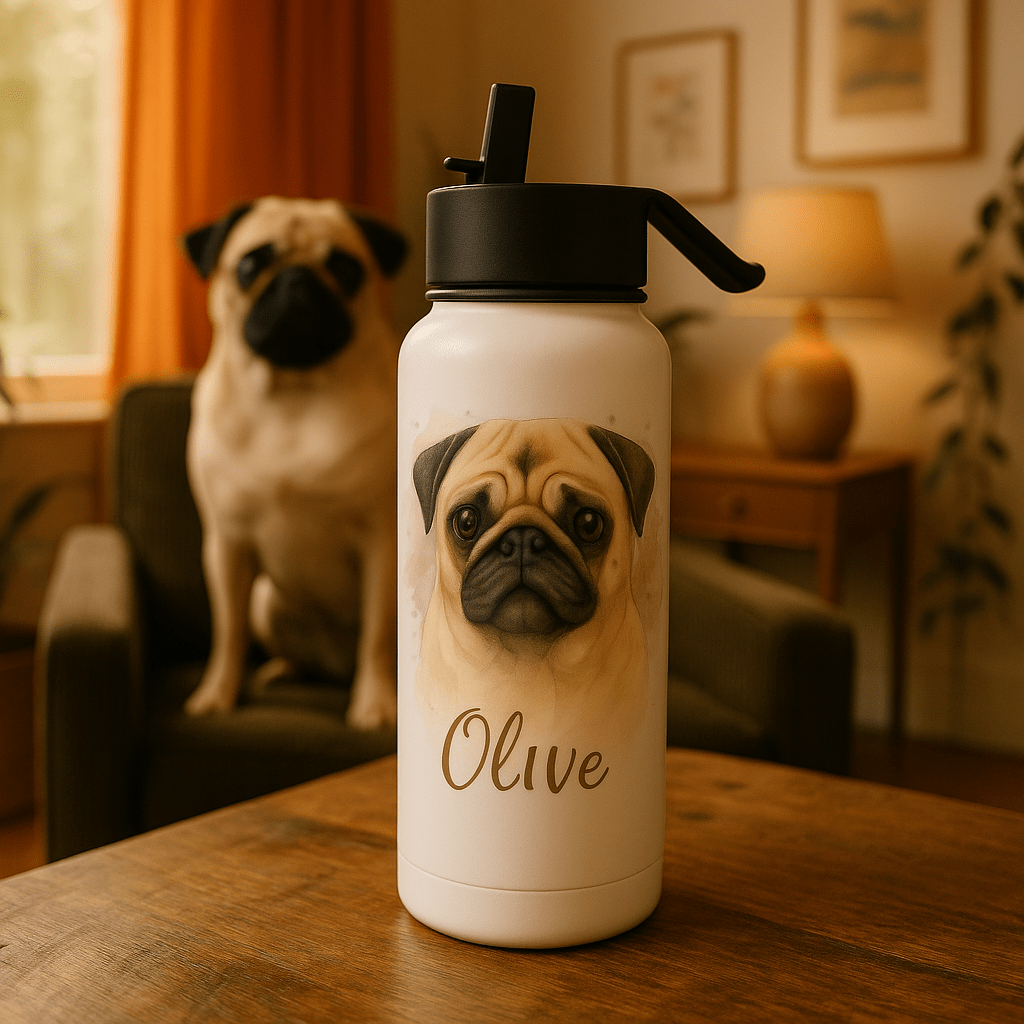 Custom Watercolor Pet Portrait – Water Bottle | Dog & Cat Art