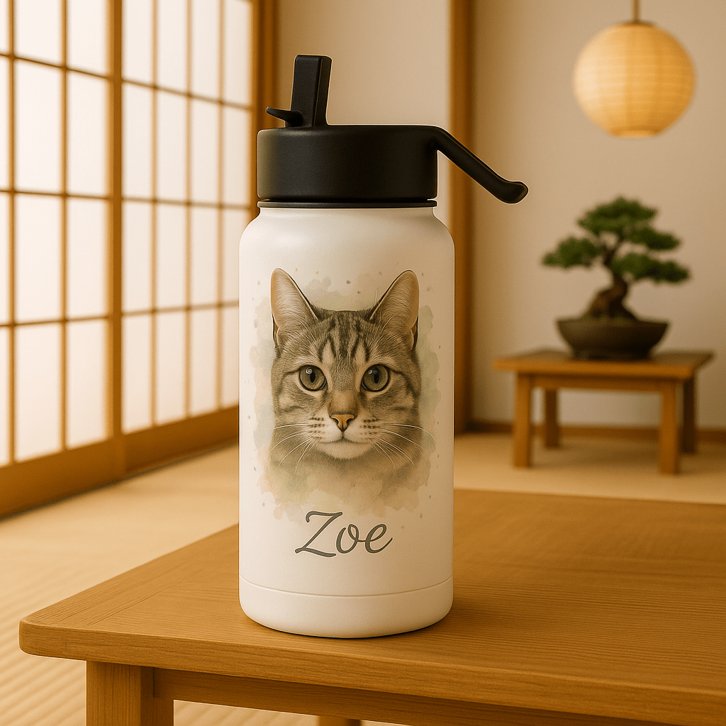 Custom Watercolor Pet Portrait – Water Bottle | Dog & Cat Art
