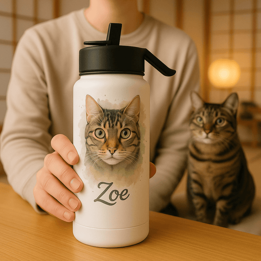 Custom Watercolor Pet Portrait – Water Bottle | Dog & Cat Art