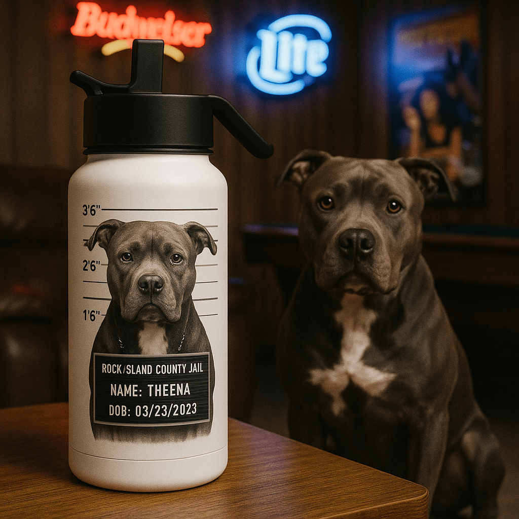 Mug‑Shot Custom Pet Portrait – Water Bottle | Dog & Cat Art