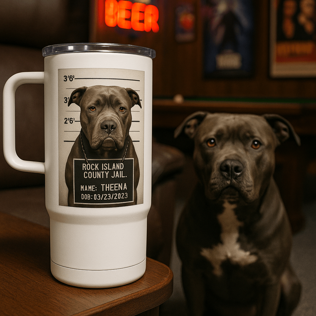 Mug‑Shot Custom Pet Portrait – Travel Mug | Dog & Cat Art