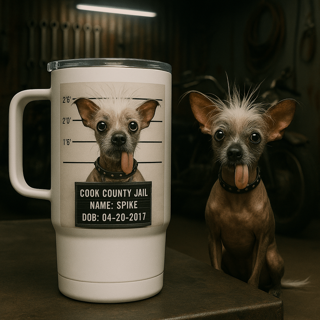 Mug‑Shot Custom Pet Portrait – Travel Mug | Dog & Cat Art