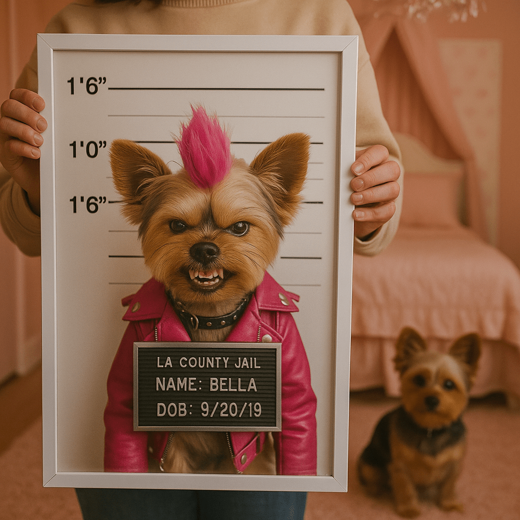 Mug‑Shot Custom Pet Portrait – Framed Poster | Dog & Cat Art