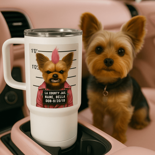 Mug‑Shot Custom Pet Portrait – Travel Mug | Dog & Cat Art