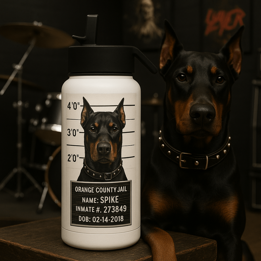 Mug‑Shot Custom Pet Portrait – Water Bottle | Dog & Cat Art