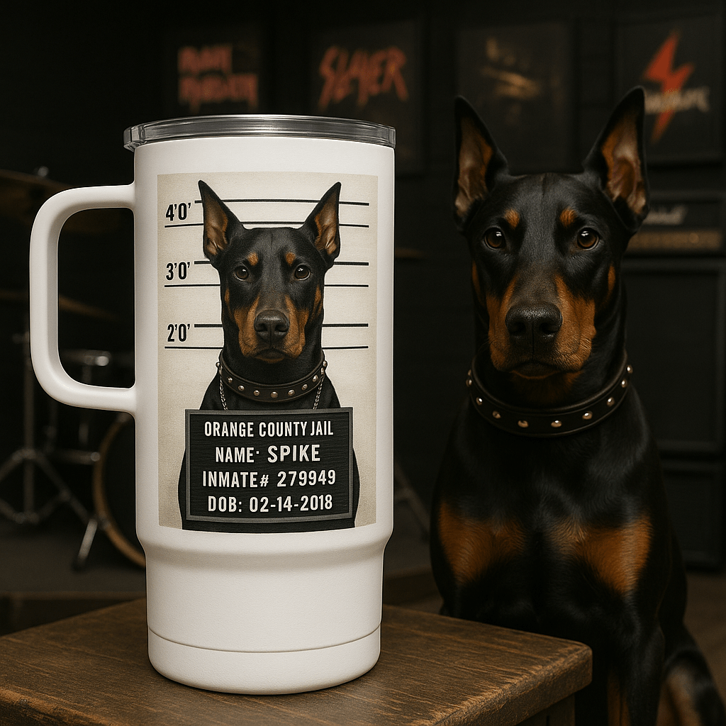 Mug‑Shot Custom Pet Portrait – Travel Mug | Dog & Cat Art