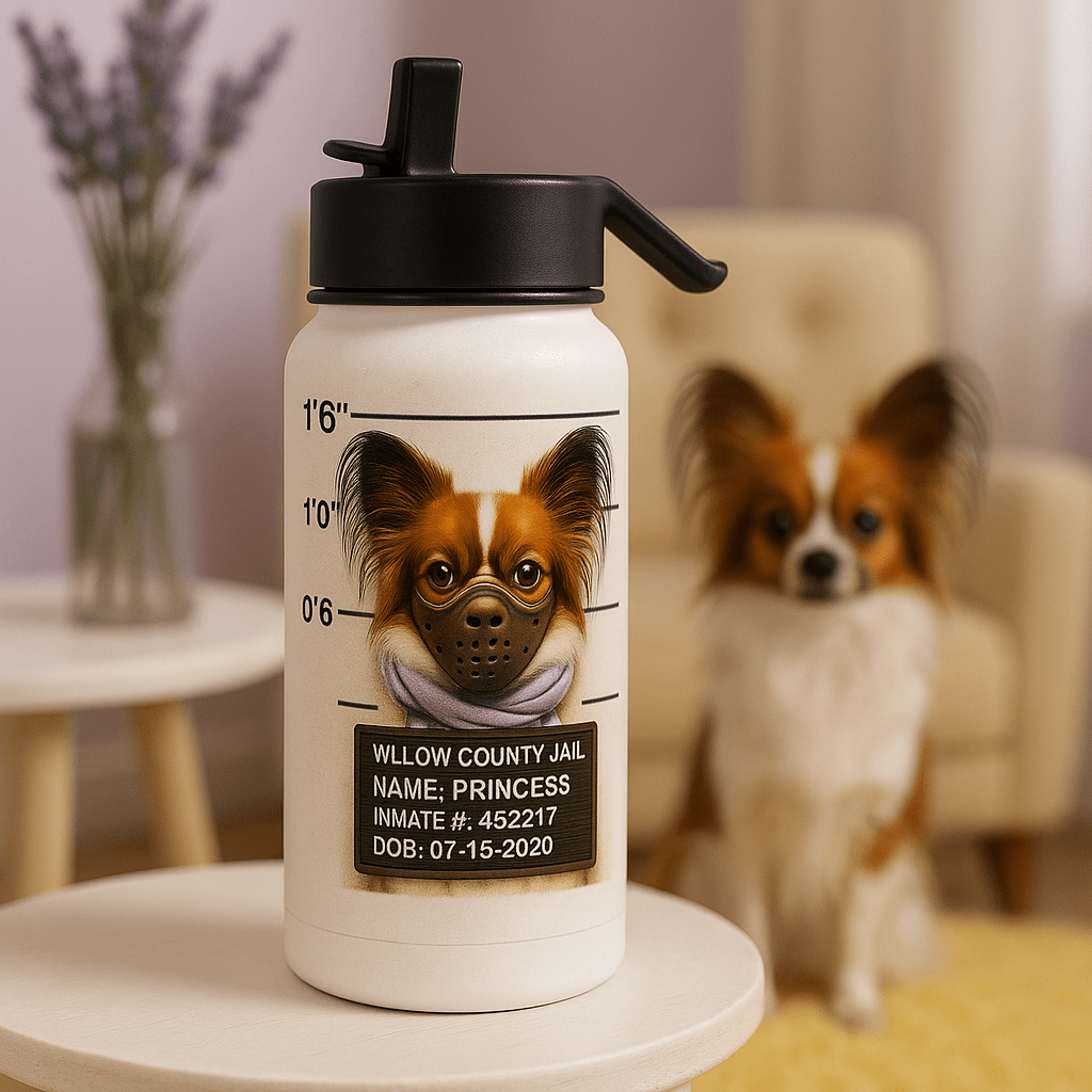 Mug‑Shot Custom Pet Portrait – Water Bottle | Dog & Cat Art
