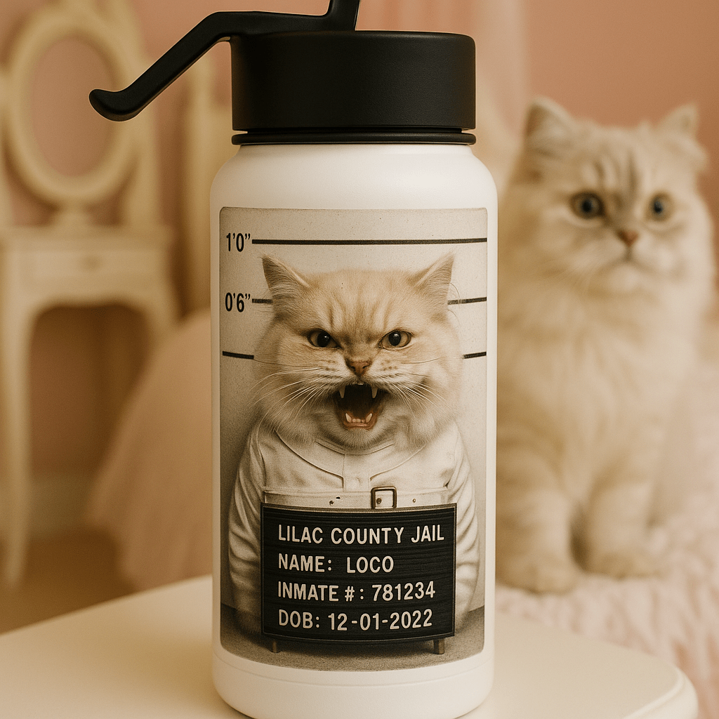 Mug‑Shot Custom Pet Portrait – Water Bottle | Dog & Cat Art